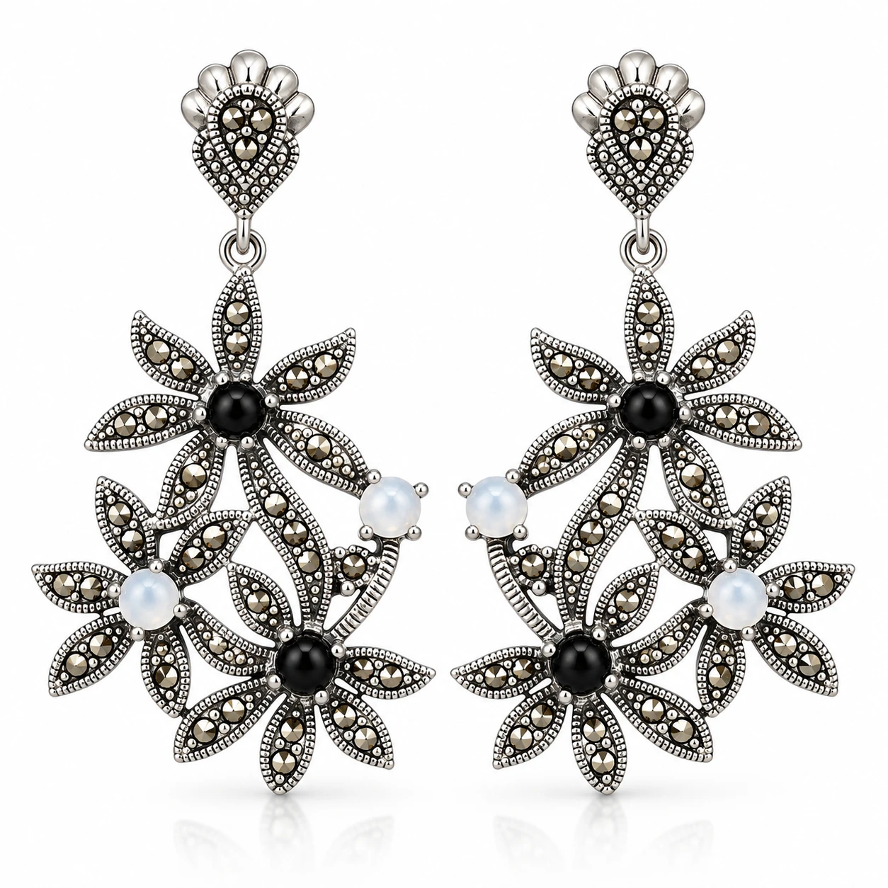 leaf motifs, sparkling marcasite silver earrings