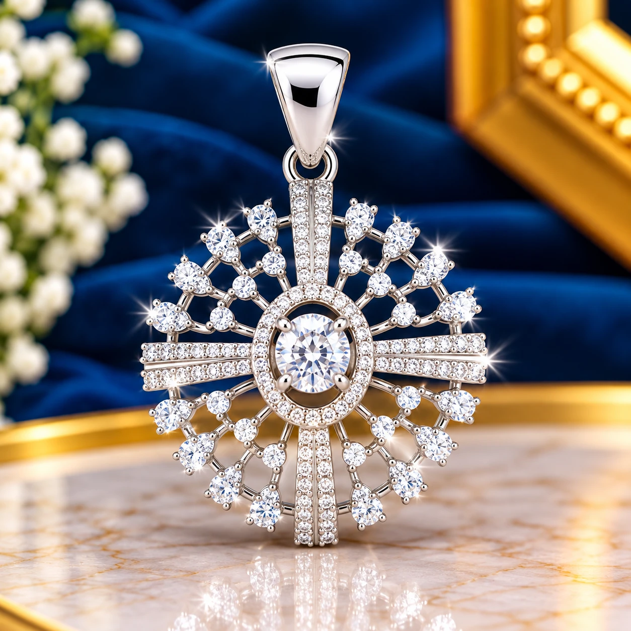 Silver Sunburst sparkling pavé detailing and a beautiful radiant design silver pendant