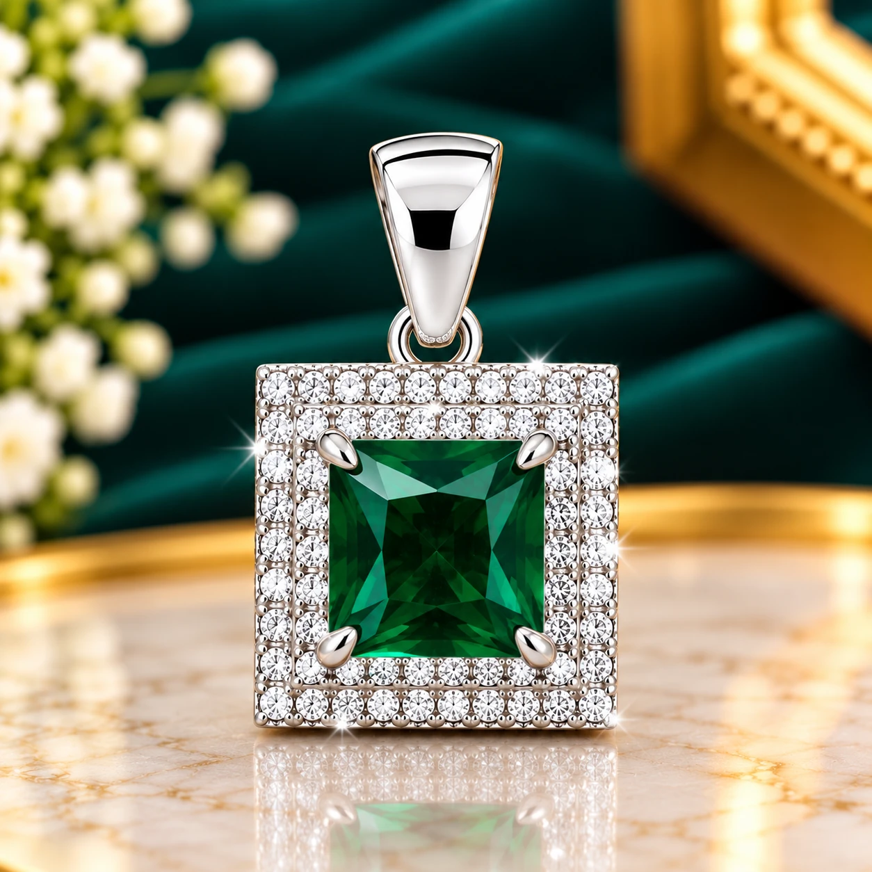 green stone surrounded by a sparkling double halo of clear stones for a luxurious and eye-catching look silver pendant