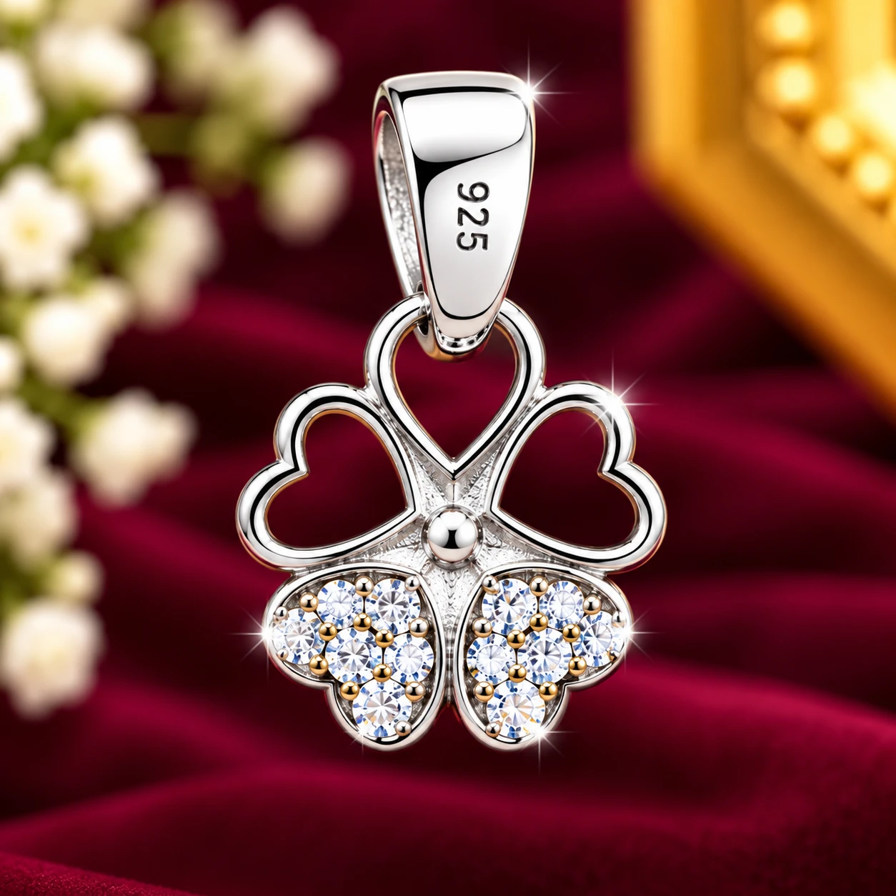 beautiful four-heart florallower petals and a polished silver pendant