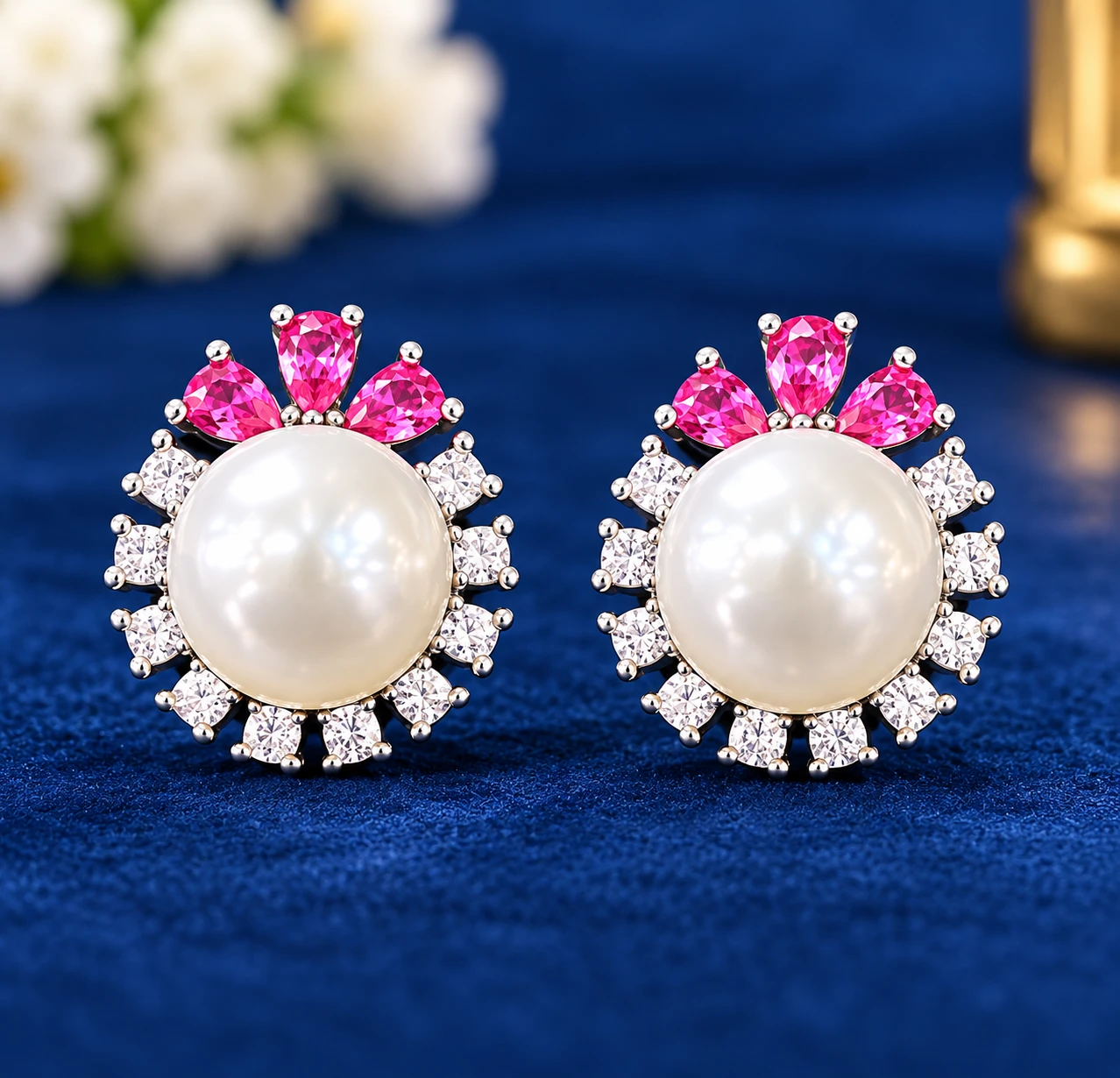 Pearl & Pink Stone Floral Stud silver Earrings