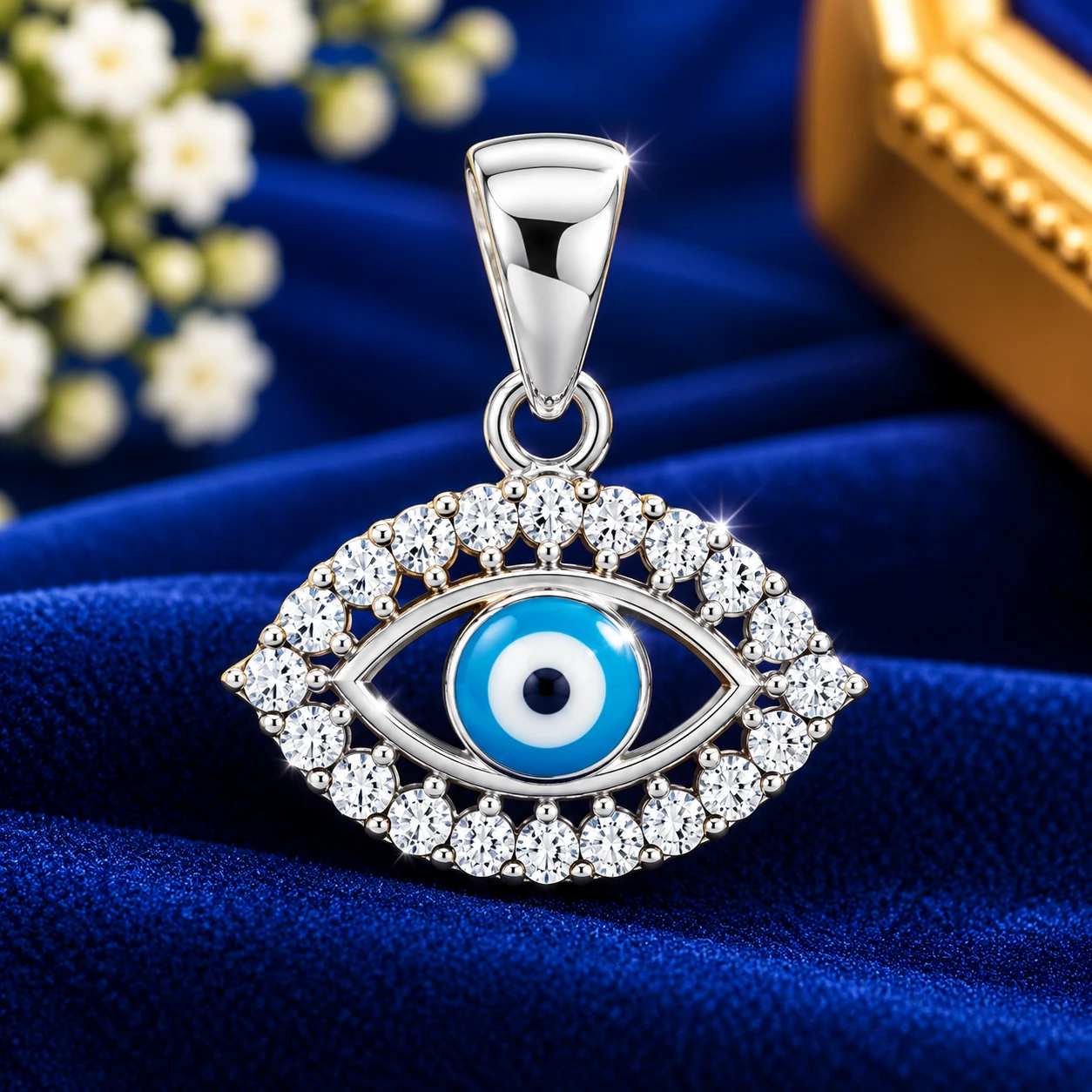 blue-and-white evil eye at the centre, surrounded by sparkling stones silver pendant
