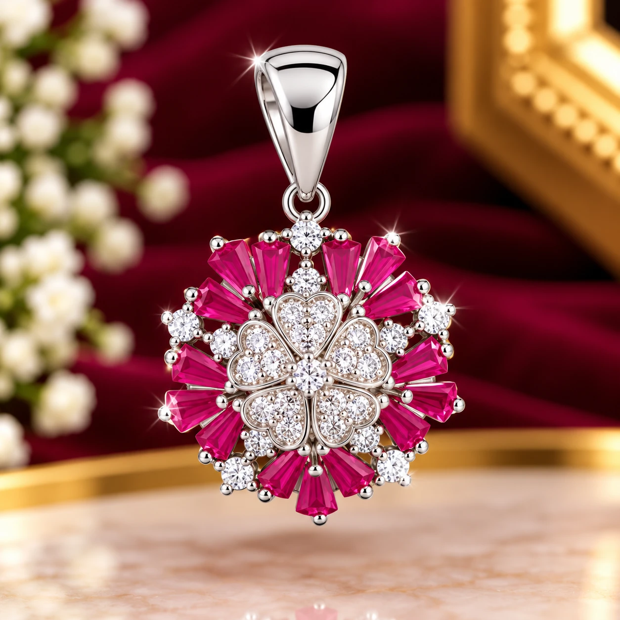 beautiful floral design, sparkling clear stones and vibrant pink-red stones silver pendant