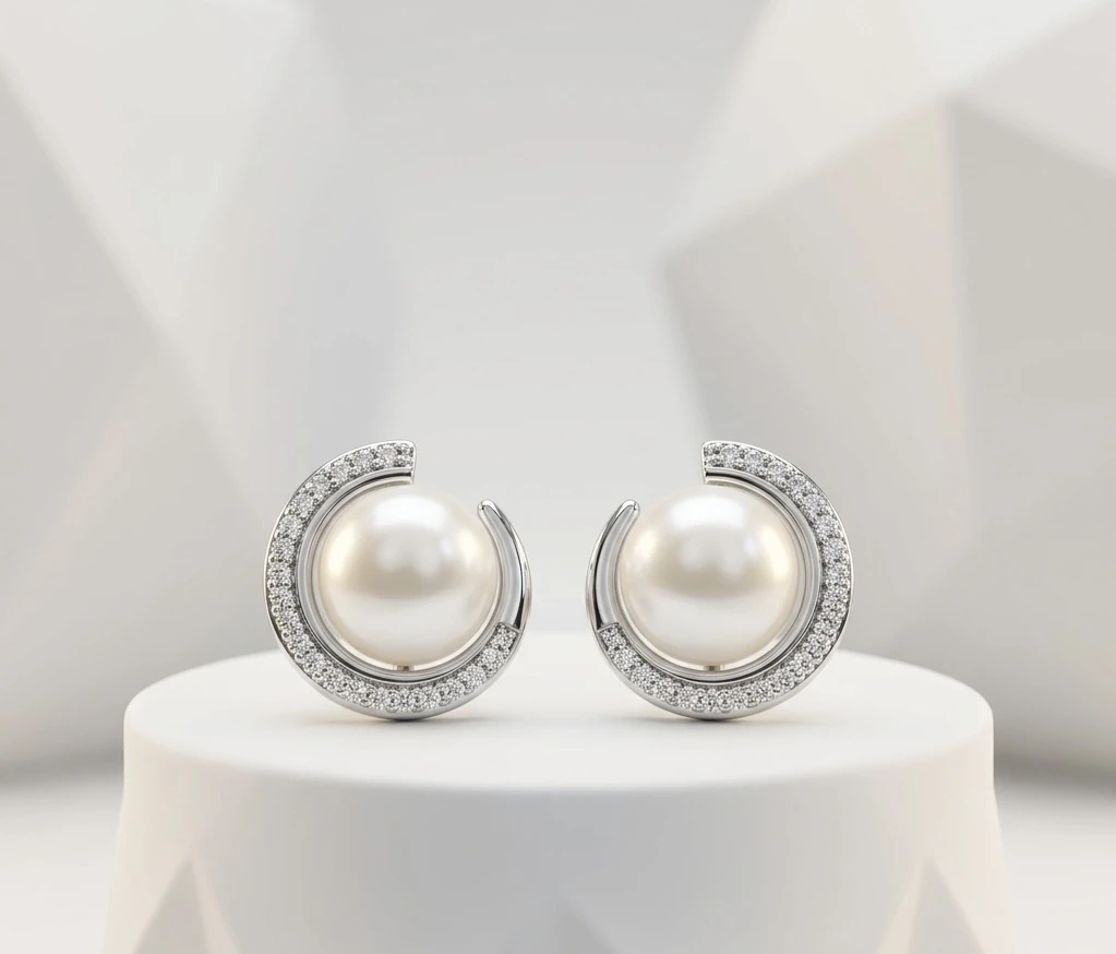 central pearl framed by sparkling cubic zirconia stones silver earrings