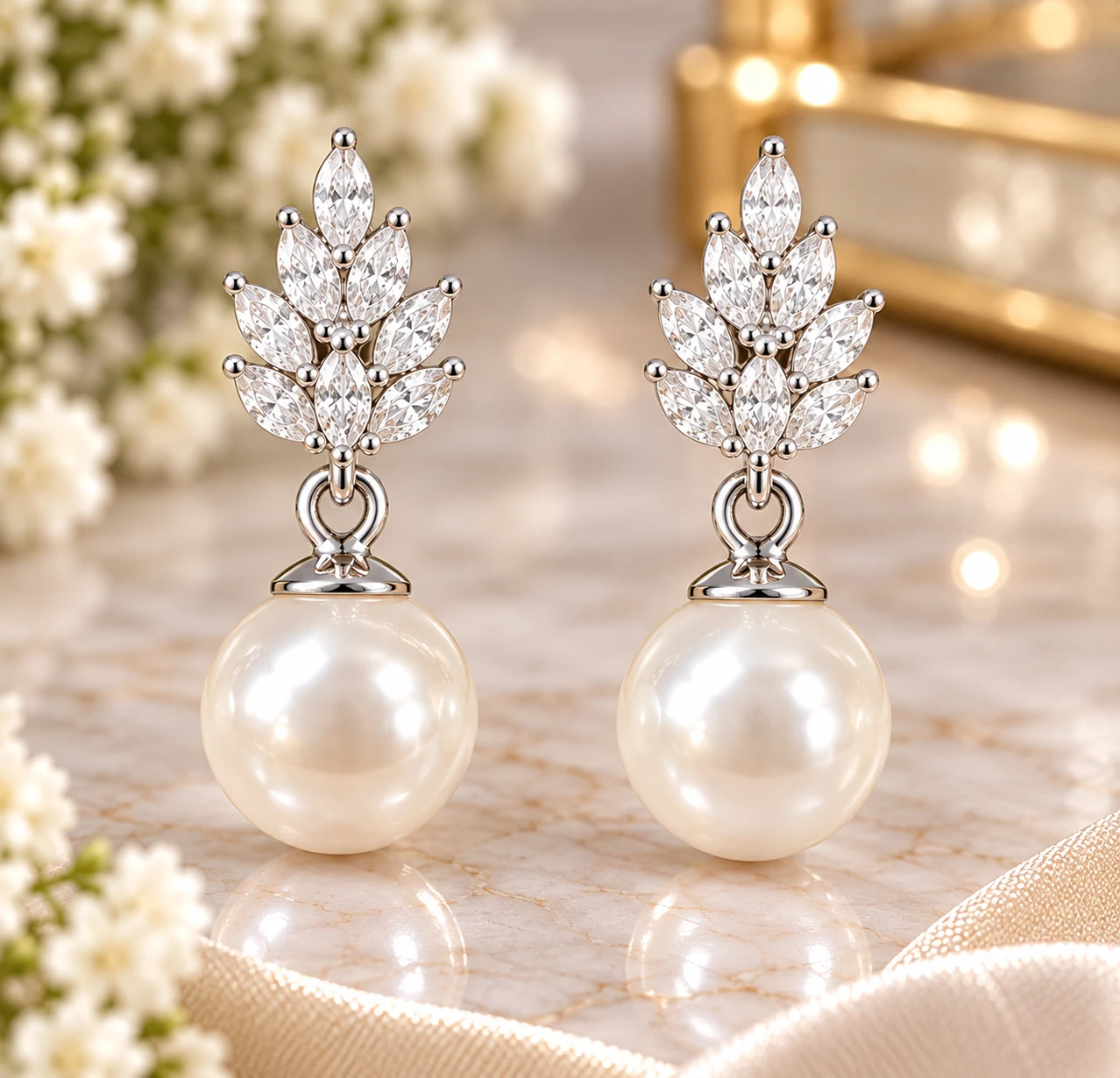 Leaf & Pearl Drop silver Earrings
