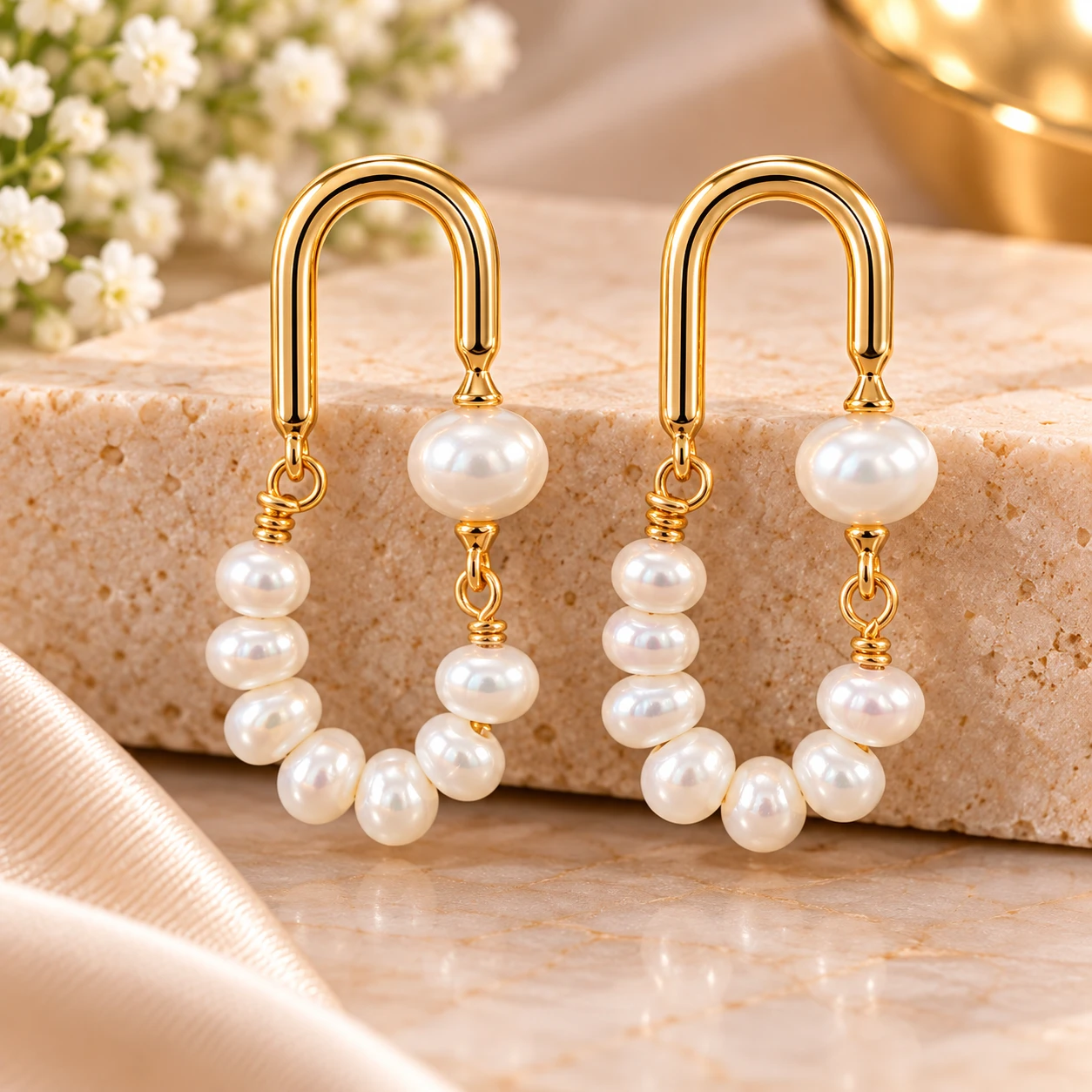 gold detailing and natural pearl-inspired elegance silver earrings