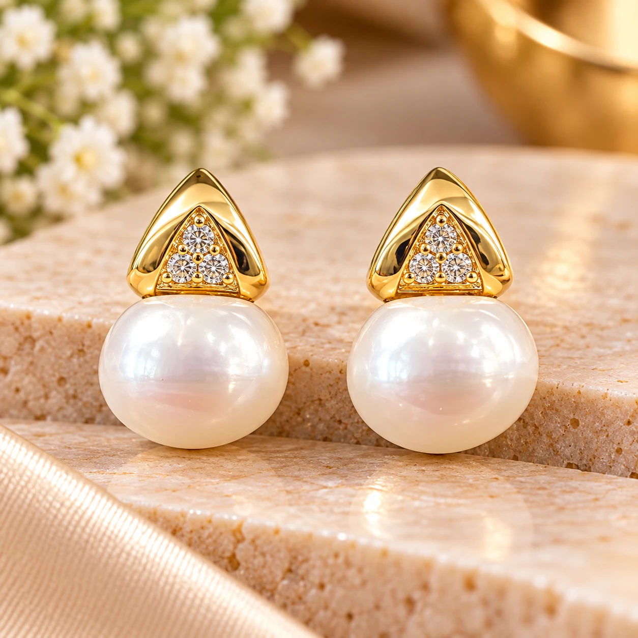 triangular top with sparkling stone detailing, paired with a lustrous round white pearl silver earrings