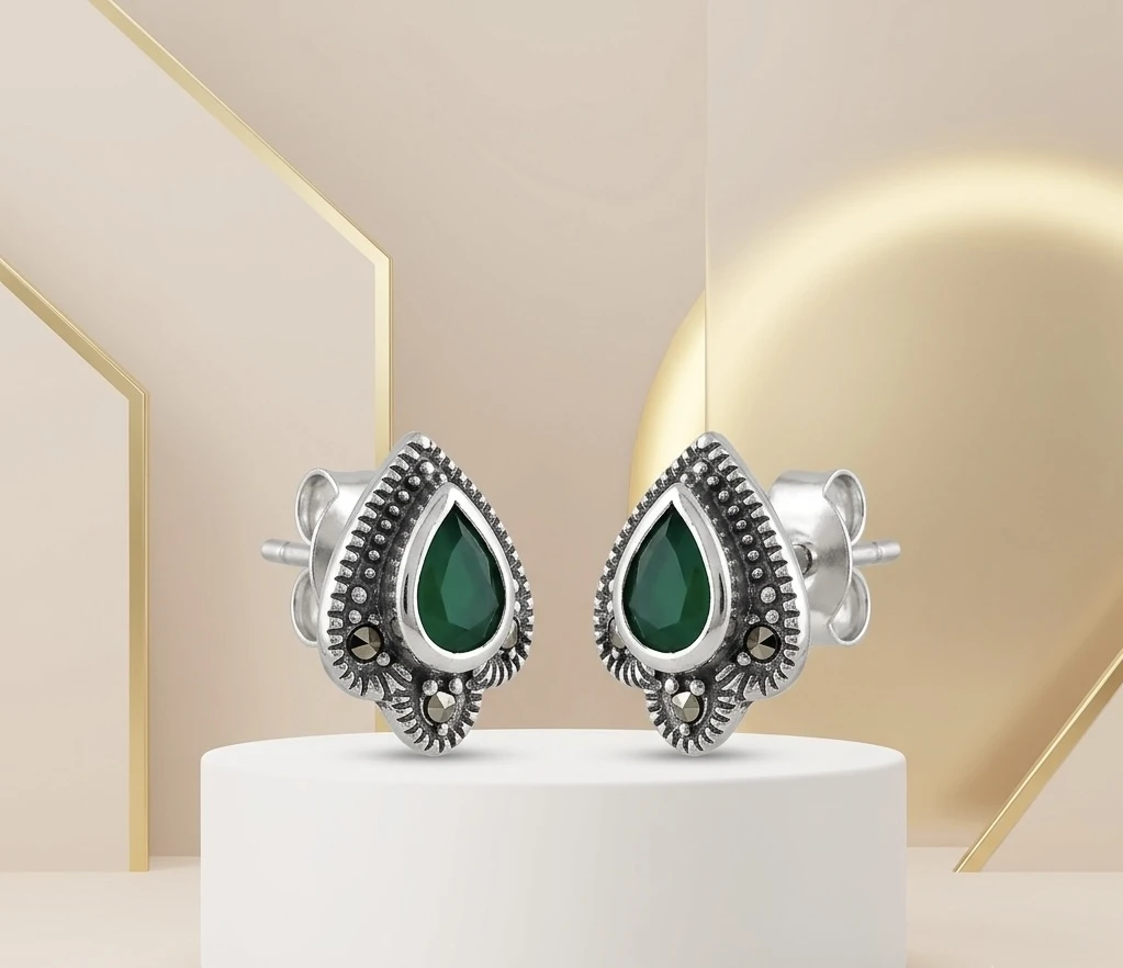 rich green gemstone centre framed with vintage marcasite silver earrings