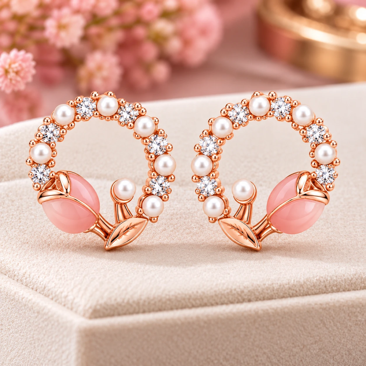 sparkling crystal accents and a charming pink floral silver earrings