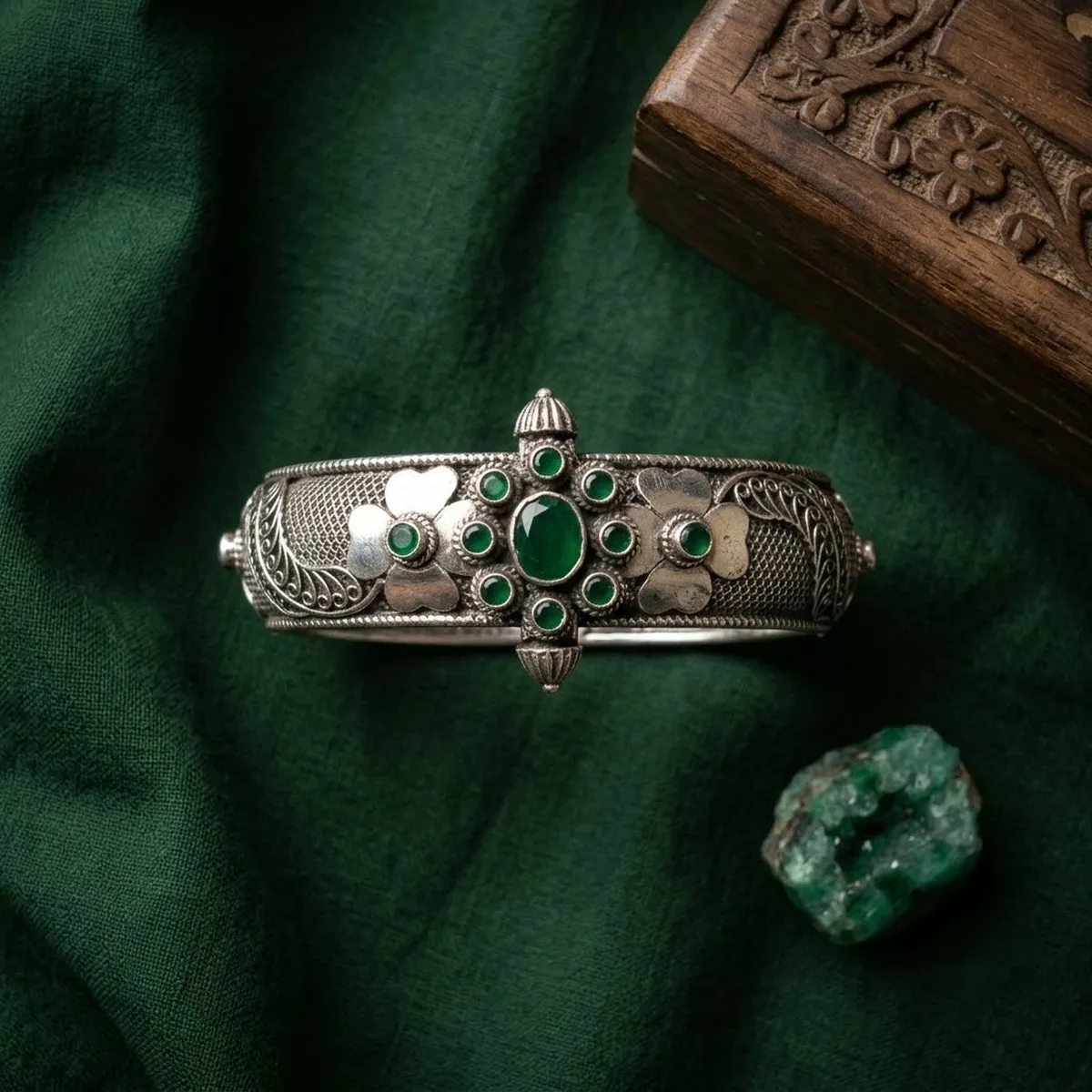 Green Stone Oxidised Silver Kada