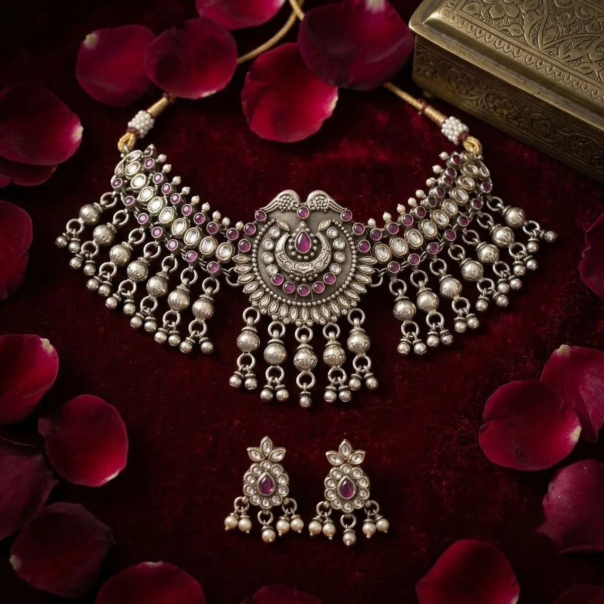 Kundan Choker Silver Necklace Set