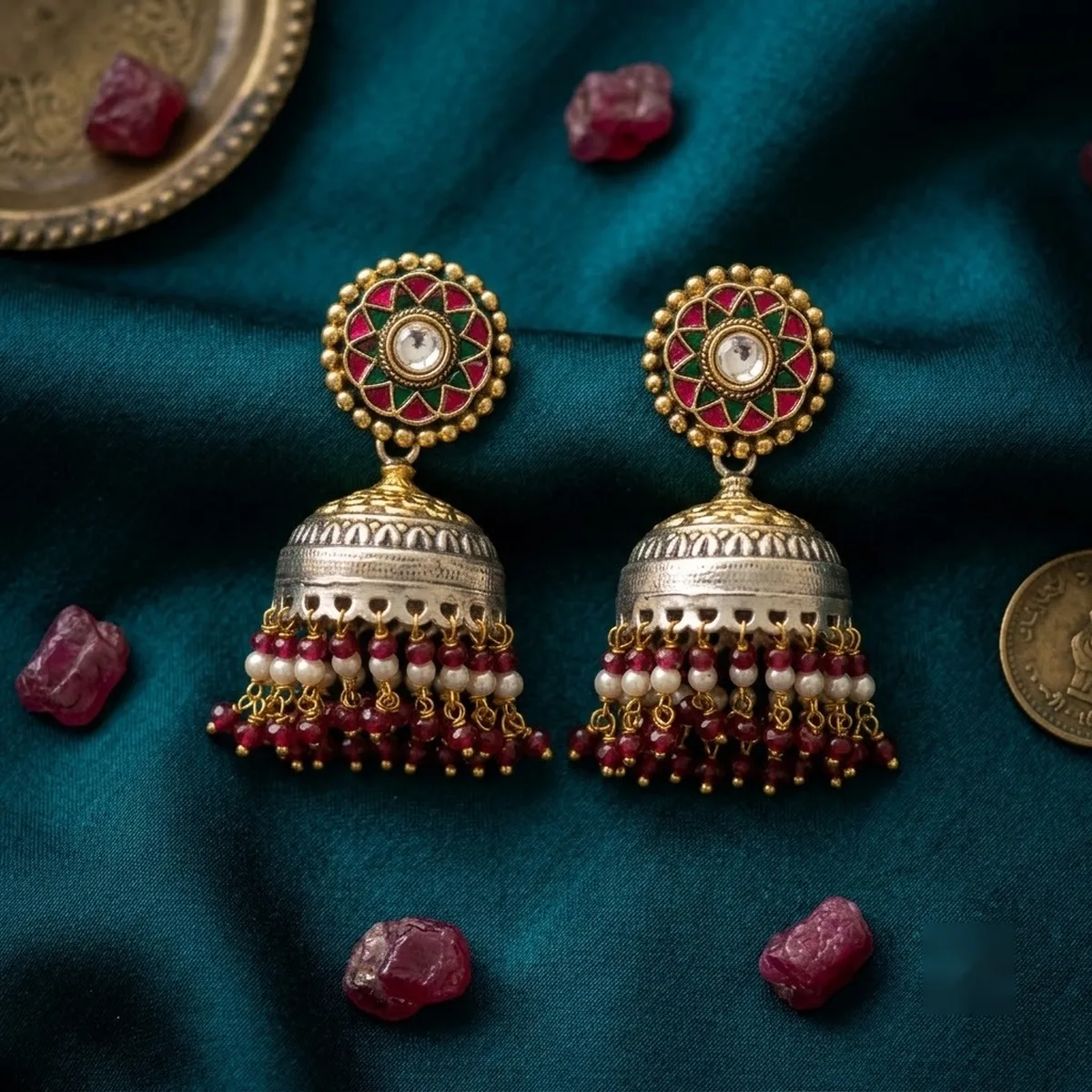 Kundan Meenakari Silver Jhumka