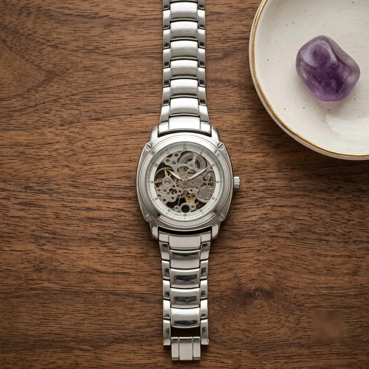 Oval Dial Stone-Set Silver Watch