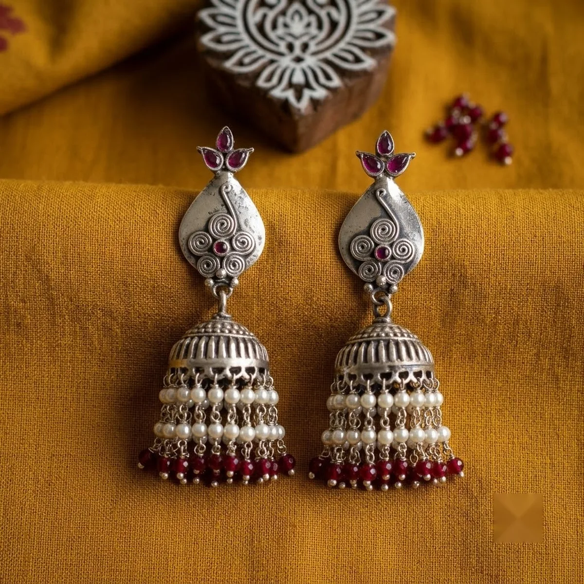 Oxidised Red Bead Silver Jhumka