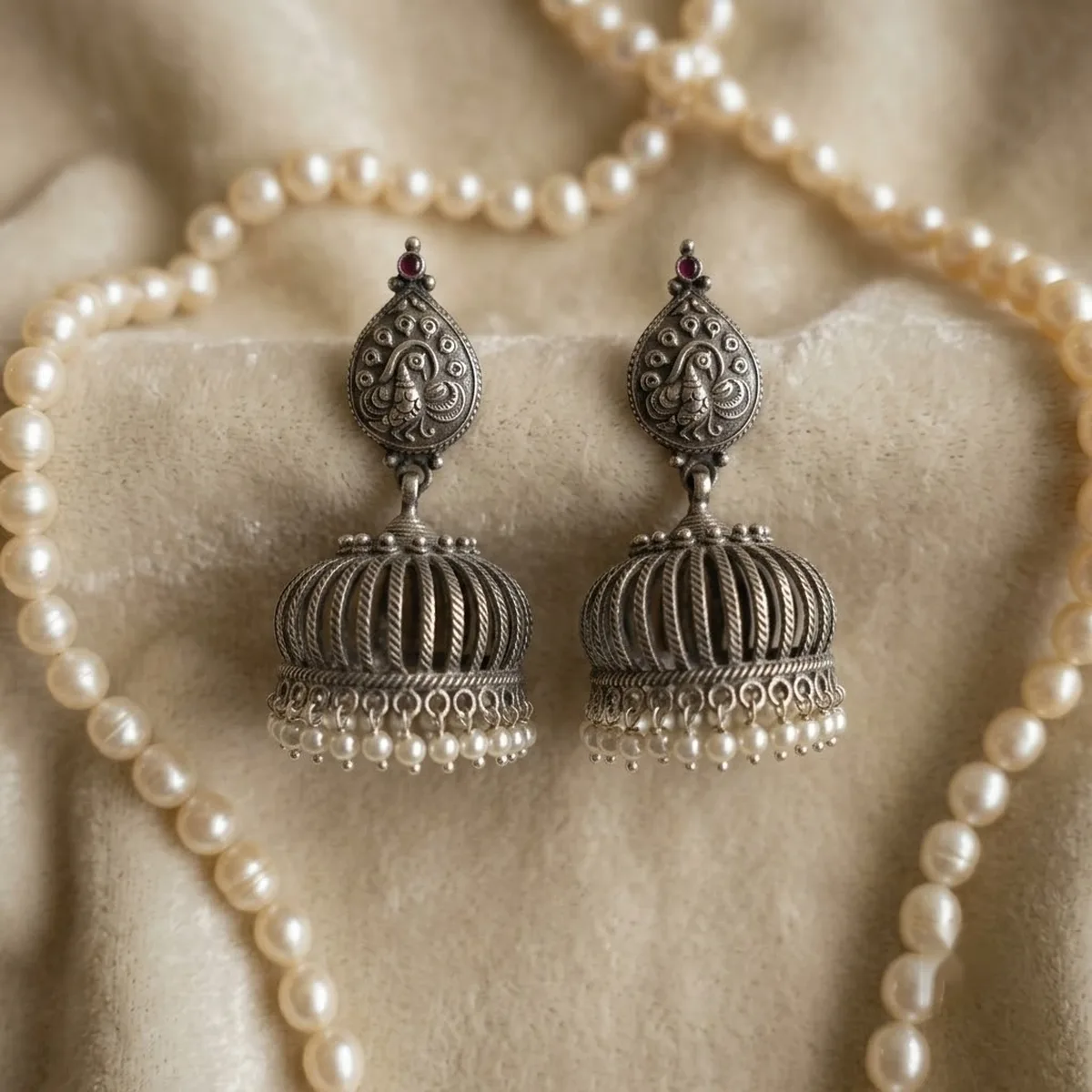 Pearl Drop Silver Jhumka