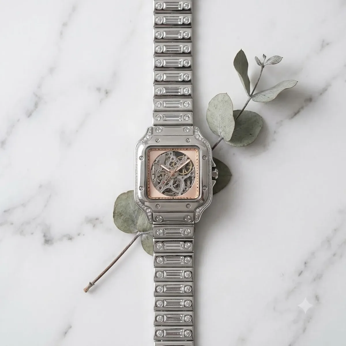Square Dial Crystal Silver Watch