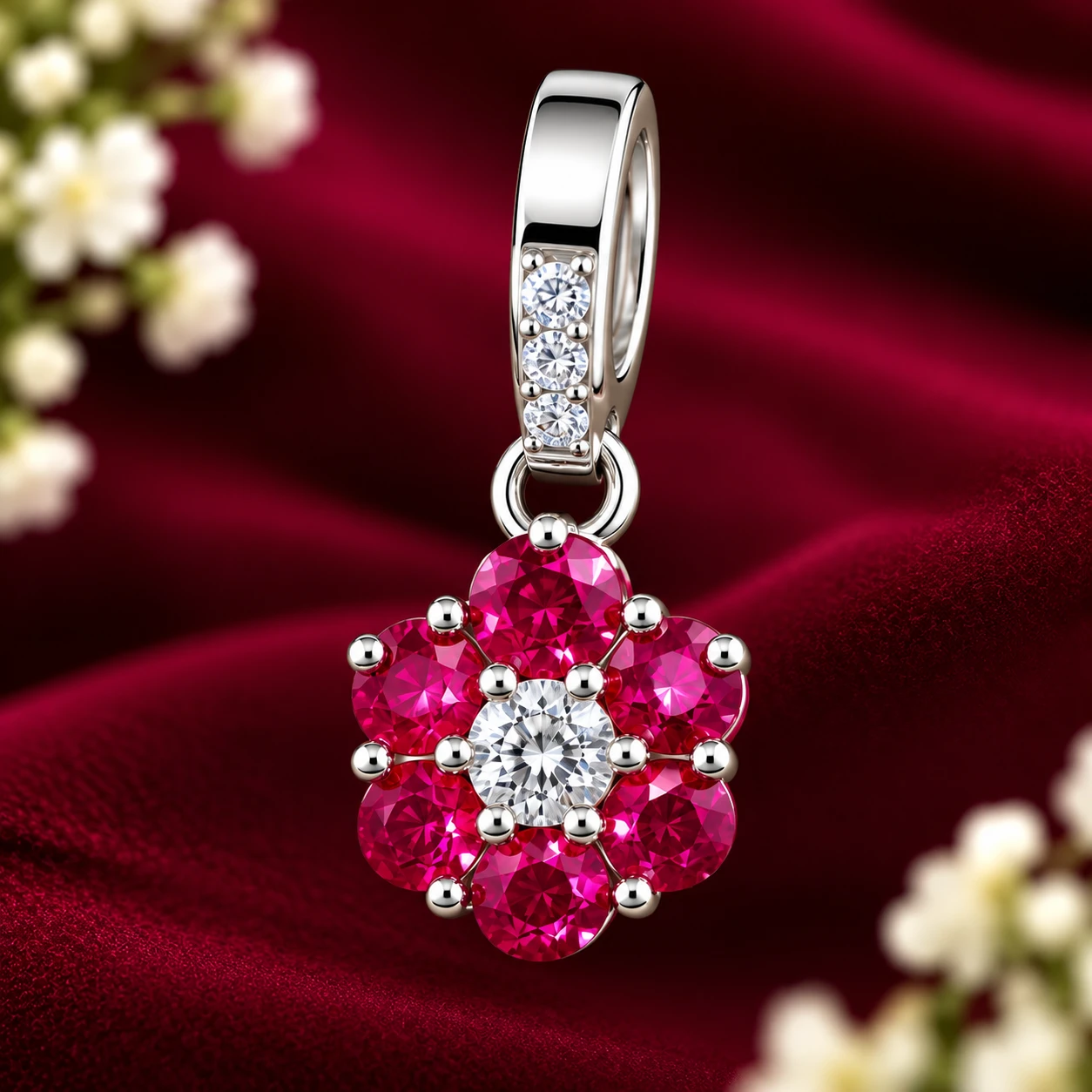 Sterling Silver Pink Stone Floral Pendant
