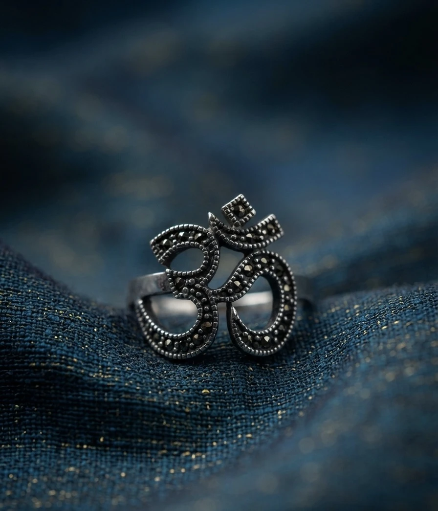 Om motif ring embellished with antique marcasite stones silver ring