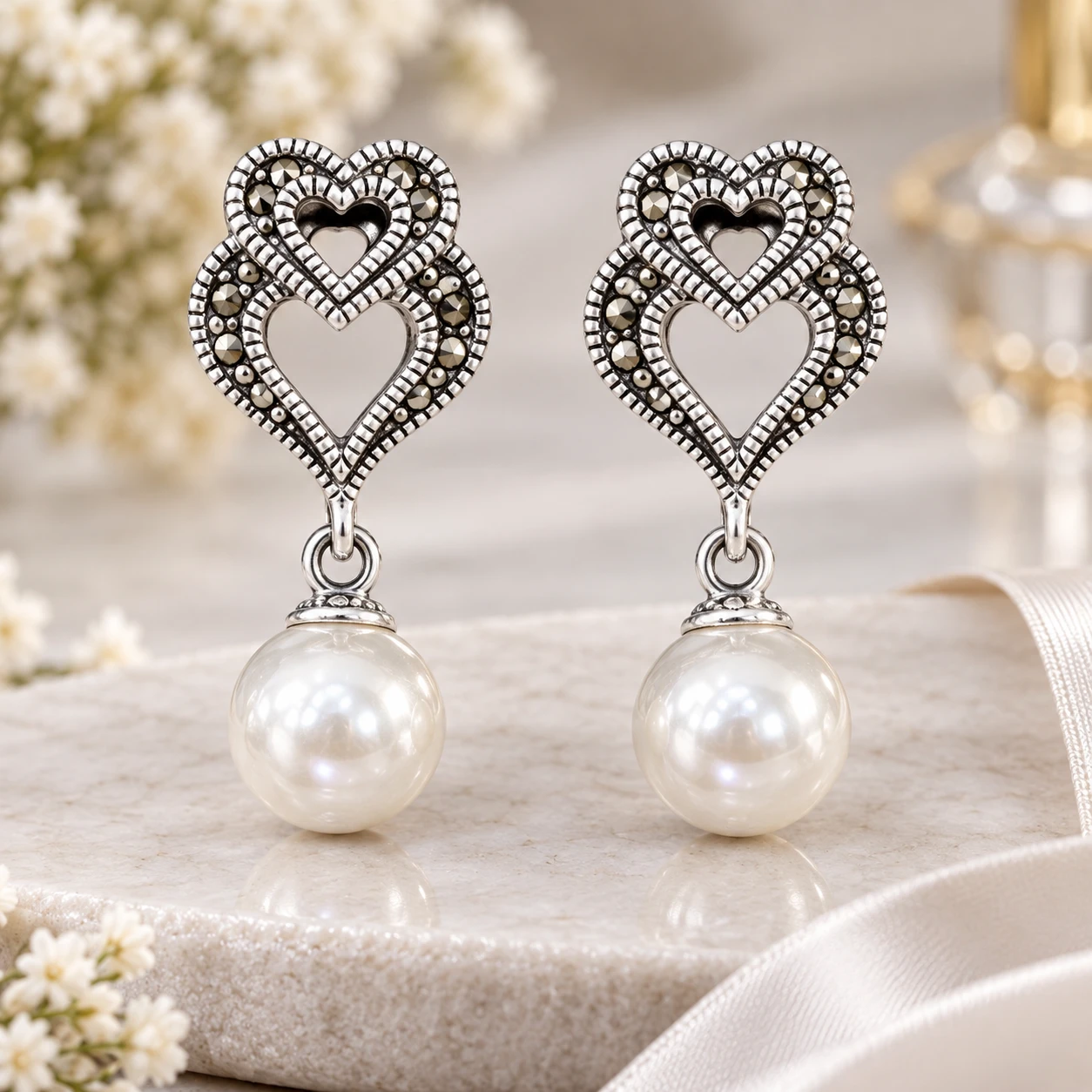 Double Heart Pearl Drop silver Earrings