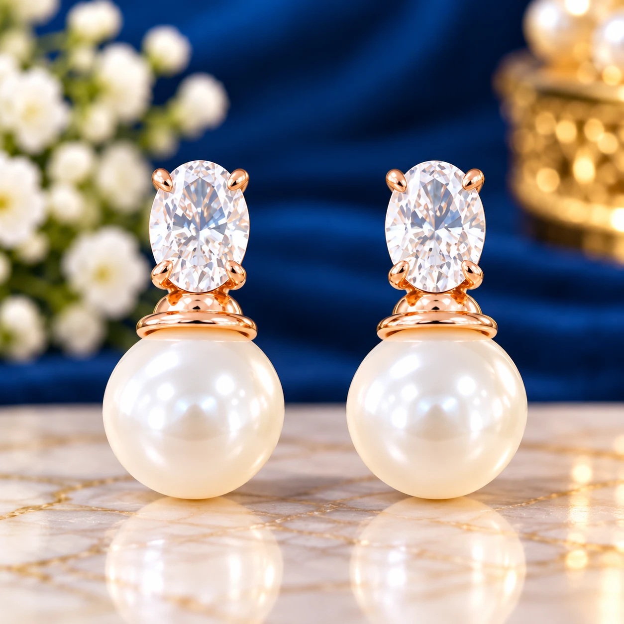 lustrous round pearl rose-gold-tone detailing silver earrings